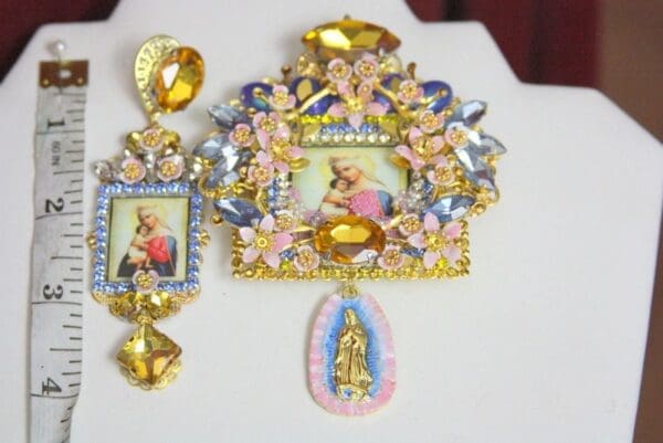 SOLD! 4383 Set Of Madonna Virgin Mary Cherry Blossom Huge Church Crystal Brooch - Image 9