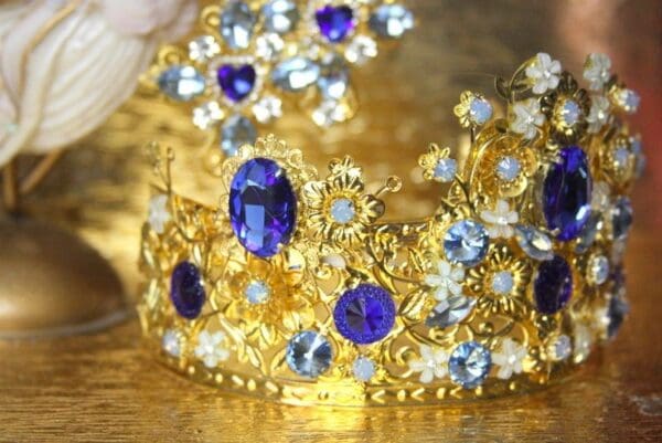 SOLD! 4385 Baroque Blue crystal Flower Leaf Crystal Crown Headband - Image 8