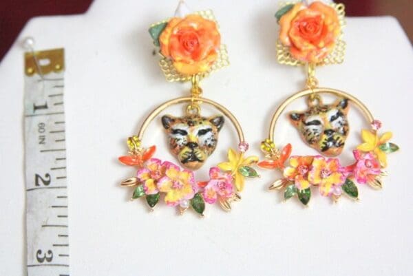 SOLD! 4402 Baroque Hand Painted Leopard Orange Flowers Studs Earrings - Image 6