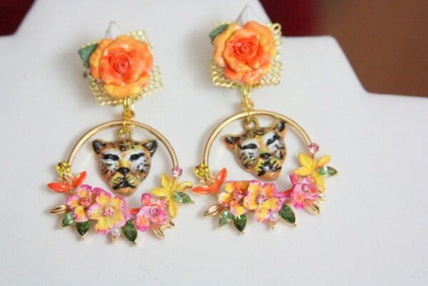 SOLD! 4402 Baroque Hand Painted Leopard Orange Flowers Studs Earrings - Image 7