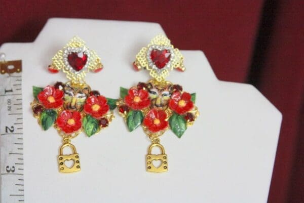 SOLD! 4406 Baroque Hand Painted Leopard Red Flowers Studs Earrings - Image 6