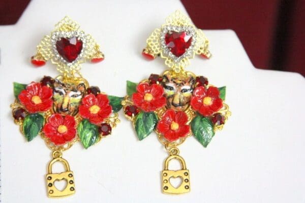 SOLD! 4406 Baroque Hand Painted Leopard Red Flowers Studs Earrings - Image 7