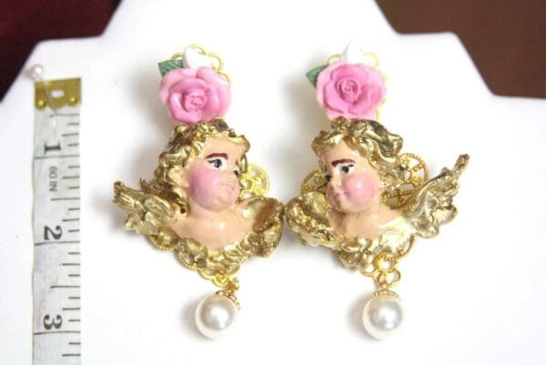 SOLD! 4414 Baroque Hand Painted Vivid Faced Cherubs Angels Studs Earrings - Image 7