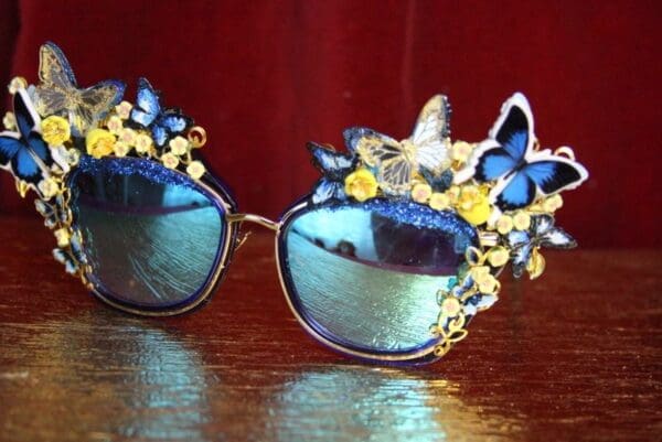 SOLD! 4415 Baroque Blue Mirror Butterfly Glitter Embellished Sunglasses - Image 2