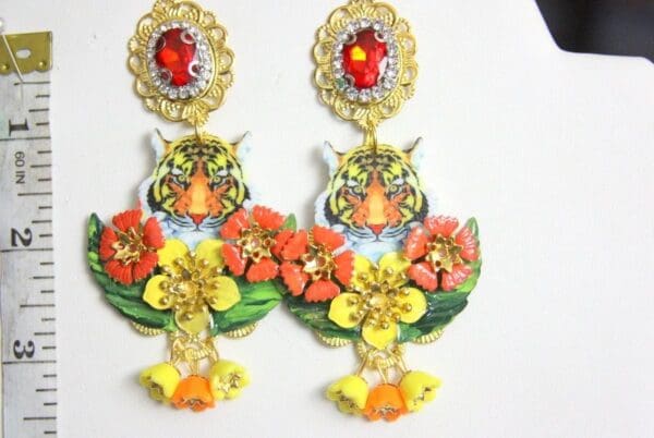 SOLD! 4437 Baroque Designer Inspired Vivid Tiger Flowers Studs Earrings - Image 7