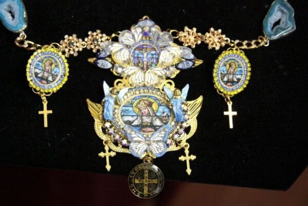 SOLD! 4445 Set Of Stained Glass Virgin Mary Butterfly Agate Necklace + Earrings - Image 2