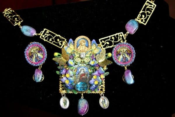 SOLD! 4446 Set Of Stained Glass Virgin Mary Butterfly Solar Quartz Necklace + Earrings - Image 2