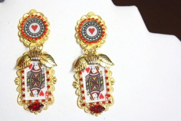 SOLD! 4450 Baroque Designer Inspired Queen Of Hearts Cards Studs Earrings - Image 6