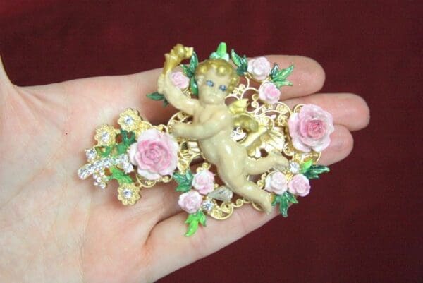 SOLD! 4451 Barrette Baroque Vivid Cherub Roses Hand Painted Crystal - Image 5