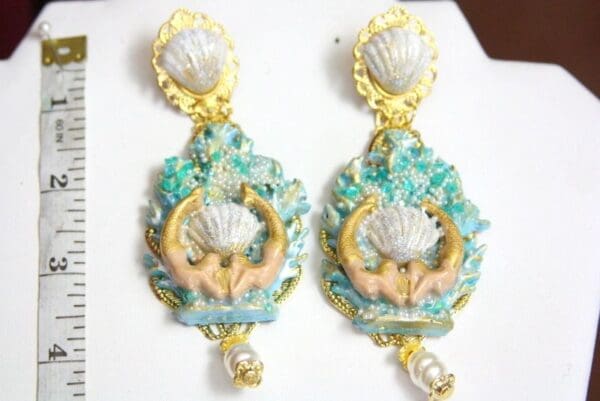 SOLD! 4458 Baroque Hand Painted Coral Reef Mermaids Stunning Studs Earrings - Image 6