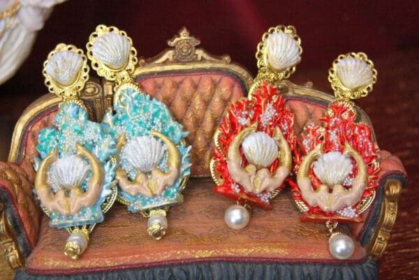 SOLD! 4458 Baroque Hand Painted Coral Reef Mermaids Stunning Studs Earrings - Image 3
