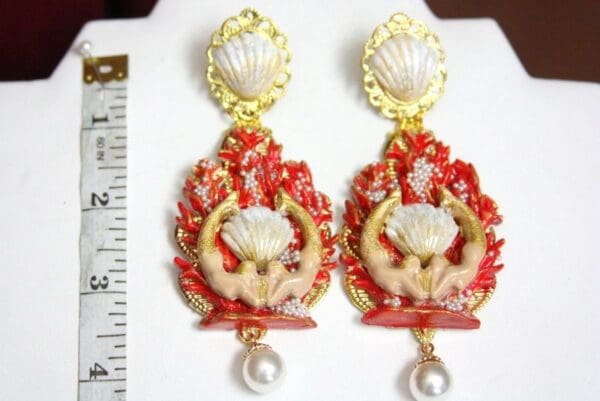 SOLD! 4459 Baroque Hand Painted Red Coral Reef Mermaids Stunning Studs Earrings - Image 7