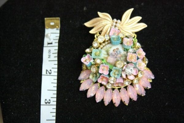 SOLD! 4476 Hand Painted Porcelain French Couple Bow Flowers Huge Church Crystal Brooch - Image 6