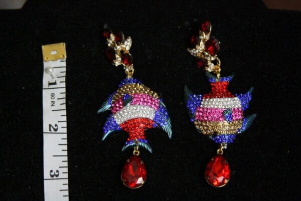 SOLD! 4490 Enamel Crystal Fish Coral Reef Nautical Unusual Studs Earrings - Image 3