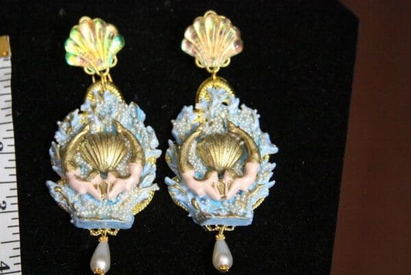 SOLD! 4493 Baroque Hand Painted Blue Coral Reef Mermaids Stunning Studs Earrings - Image 4