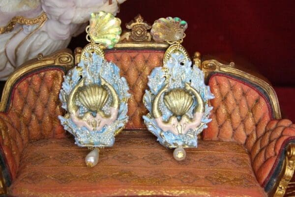 SOLD! 4493 Baroque Hand Painted Blue Coral Reef Mermaids Stunning Studs Earrings - Image 5