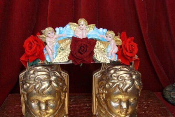 SOLD! 4498 Baroque Vivid Huge Cherub Angel Hand Painted Velvet Roses Waist Belt Size L, XL - Image 2