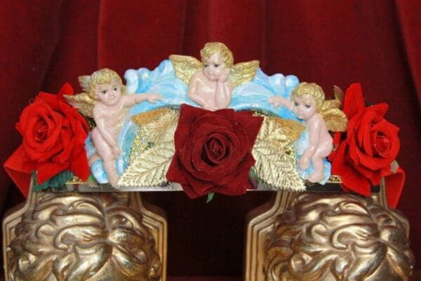 SOLD! 4498 Baroque Vivid Huge Cherub Angel Hand Painted Velvet Roses Waist Belt Size L, XL