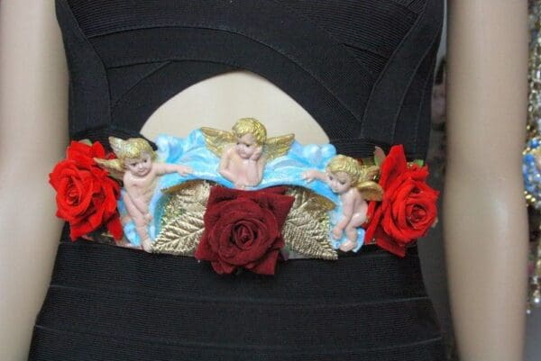 SOLD! 4498 Baroque Vivid Huge Cherub Angel Hand Painted Velvet Roses Waist Belt Size L, XL - Image 3
