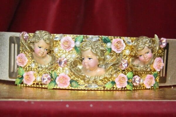 SOLD! 4499 Baroque Chubby Vivid Huge Cherub Angel Hand Painted Velvet Roses Waist Belt Size L, XL - Image 2