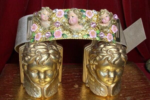 SOLD! 4499 Baroque Chubby Vivid Huge Cherub Angel Hand Painted Velvet Roses Waist Belt Size L, XL - Image 3