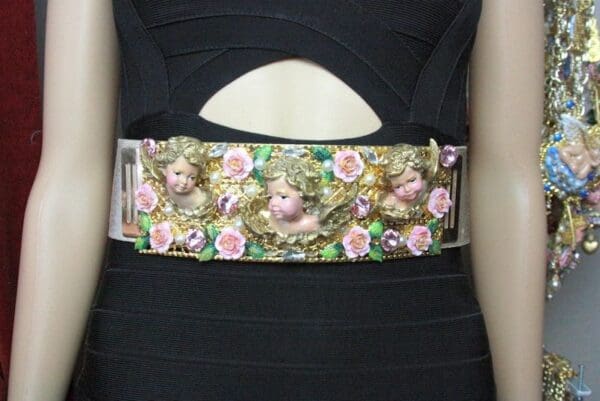 SOLD! 4499 Baroque Chubby Vivid Huge Cherub Angel Hand Painted Velvet Roses Waist Belt Size L, XL - Image 4