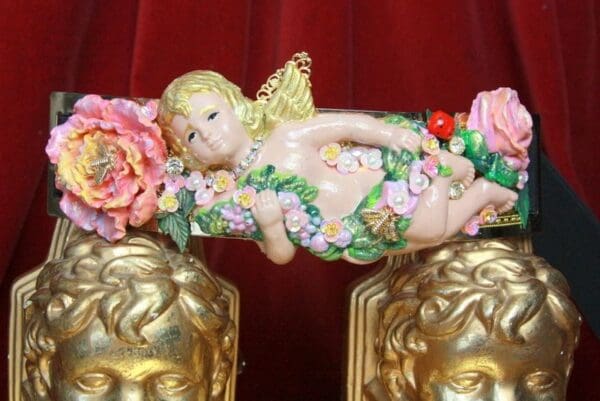 SOLD! 4504 Baroque Vivid Huge Cherub Angel Peony Roses Ladybug Hand Painted Waist Belt Size L, XL