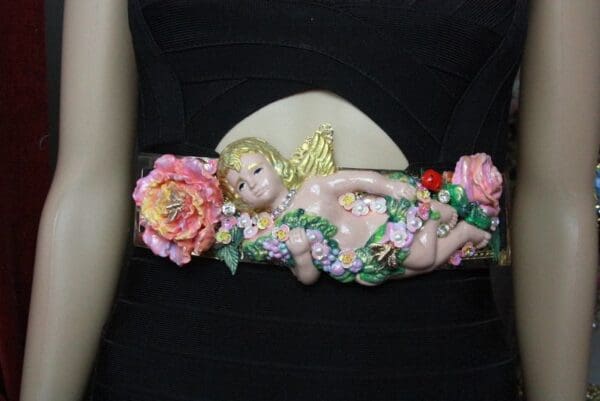 SOLD! 4504 Baroque Vivid Huge Cherub Angel Peony Roses Ladybug Hand Painted Waist Belt Size L, XL - Image 2