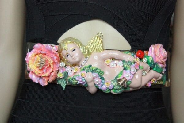 SOLD! 4504 Baroque Vivid Huge Cherub Angel Peony Roses Ladybug Hand Painted Waist Belt Size L, XL - Image 3