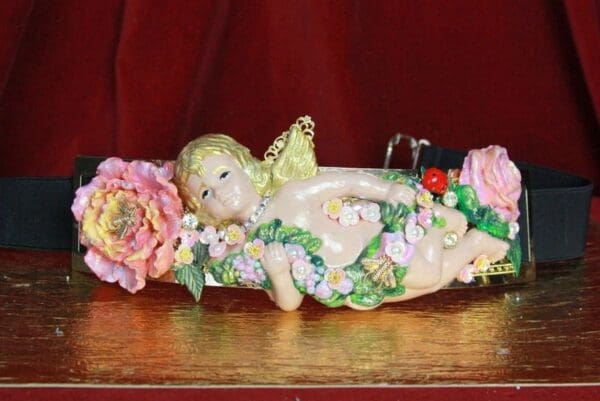 SOLD! 4504 Baroque Vivid Huge Cherub Angel Peony Roses Ladybug Hand Painted Waist Belt Size L, XL - Image 6