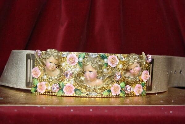 SOLD! 4499 Baroque Chubby Vivid Huge Cherub Angel Hand Painted Velvet Roses Waist Belt Size L, XL - Image 7