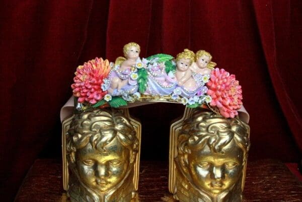 SOLD! 4506 Baroque Vivid Huge Cherubs Angels Chrysanthemum Hand Painted Waist Belt Size L, XL - Image 5