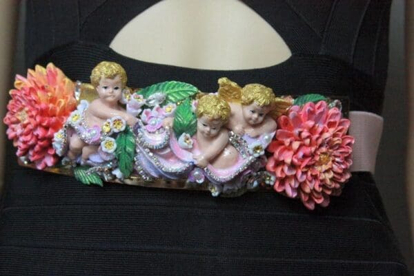 SOLD! 4506 Baroque Vivid Huge Cherubs Angels Chrysanthemum Hand Painted Waist Belt Size L, XL - Image 2