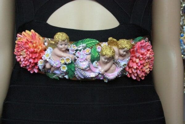 SOLD! 4506 Baroque Vivid Huge Cherubs Angels Chrysanthemum Hand Painted Waist Belt Size L, XL - Image 4