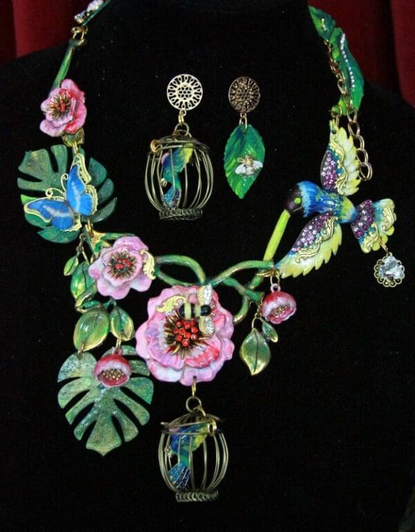 SOLD! 4516 Art Nouveau Hand Painted Enamel Birdcage Massive Huge Hummingbird Flower Set