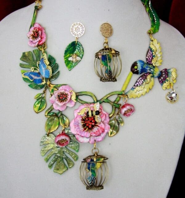 SOLD! 4516 Art Nouveau Hand Painted Enamel Birdcage Massive Huge Hummingbird Flower Set - Image 4