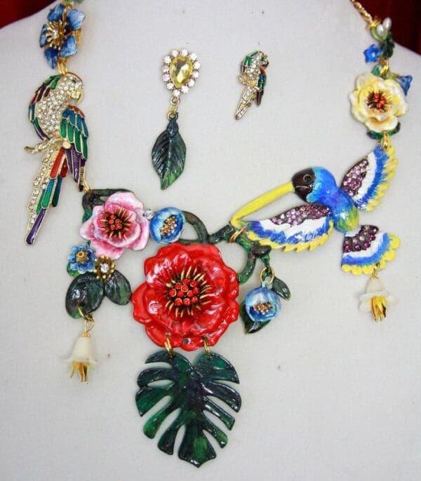 SOLD! 4517 Art Nouveau Hand Painted Enamel Massive Huge Hummingbird Flower Set