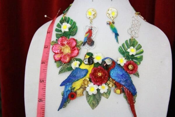 SOLD! 4523 Vivid Art Nouveau Parrots Birdcage Enamel Flower Set - Image 3