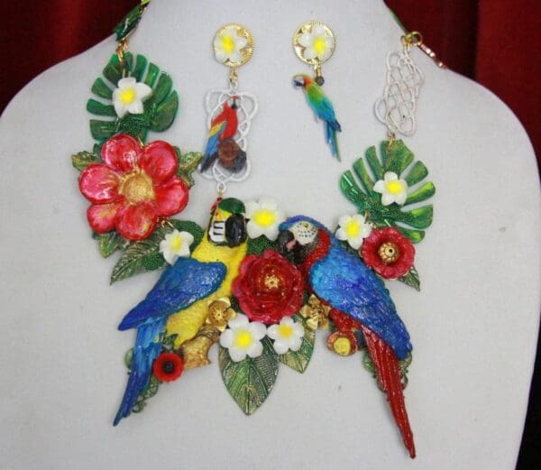 SOLD! 4523 Vivid Art Nouveau Parrots Birdcage Enamel Flower Set - Image 4