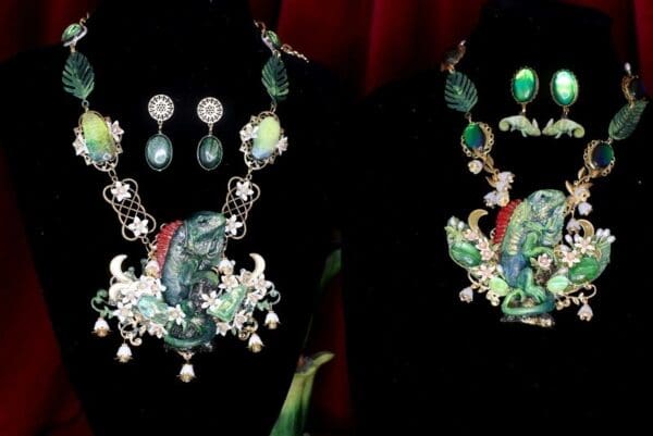 SOLD! 4522 Set Of Genuine Australian Triplet Opal San Sitara Hand Painted Vivid Iguana Necklace+ Earrings - Image 10