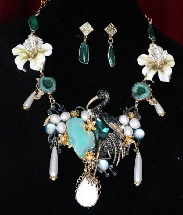 SOLD! 4525 Set Of Genuine Botswana Agate Hand Painted Stork Orchids Necklace+ Earrings - Image 7