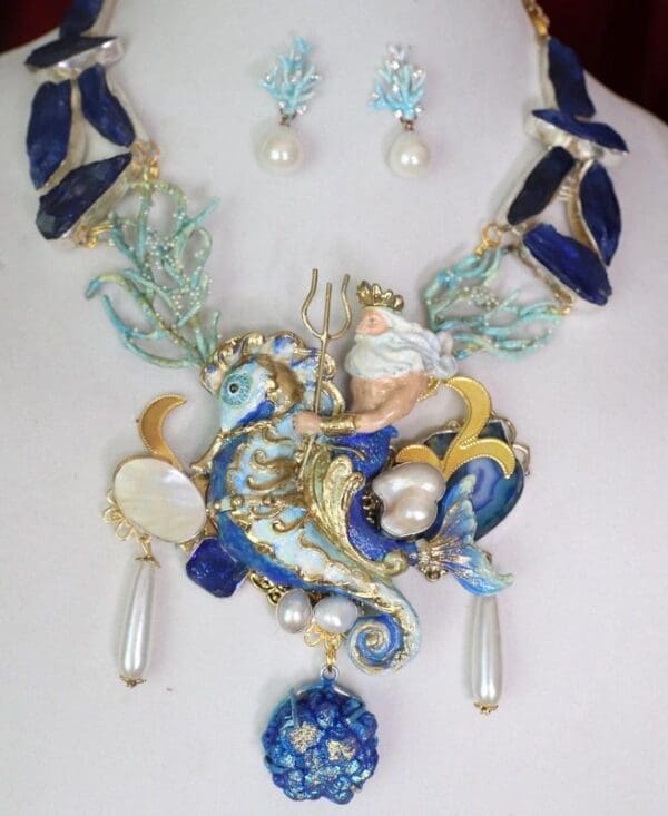 SOLD! 4527 Set Of Genuine Sliced Druzy Agate, Agate, Water Pearls Hand Painted 3D Effect Vivid Neptun Seahorse Shell Unusual Necklace + Earrings - Image 3
