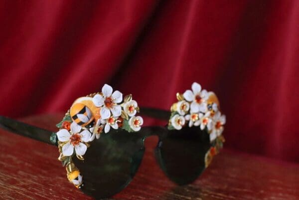 SOLD! 4534 Baroque Orange Fruit Flowers Bee Hand Painted Green Embellished Sunglasses - Image 8