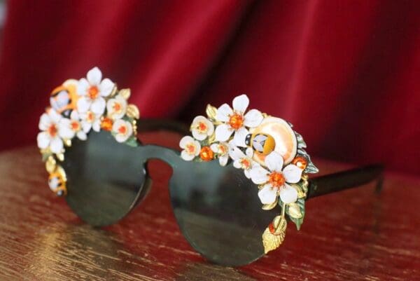 SOLD! 4534 Baroque Orange Fruit Flowers Bee Hand Painted Green Embellished Sunglasses - Image 9