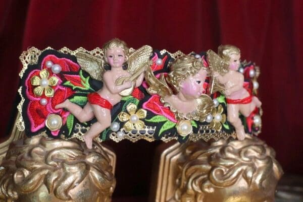 SOLD! 4549 Total Baroque Hand Painted Cherubs Rose Appliques Embellished Waist Belt - Image 3