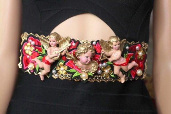 SOLD! 4549 Total Baroque Hand Painted Cherubs Rose Appliques Embellished Waist Belt - Image 4