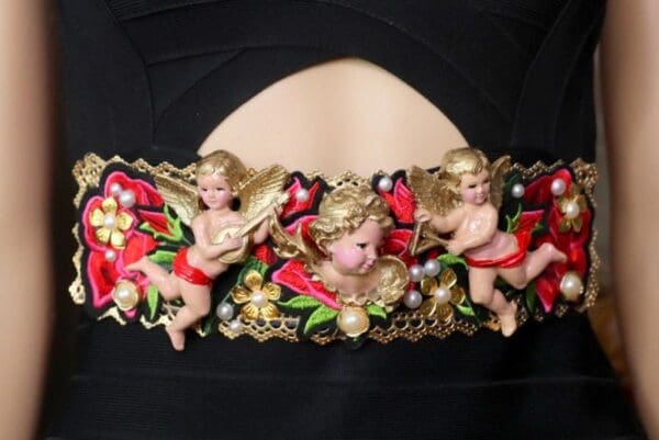 SOLD! 4549 Total Baroque Hand Painted Cherubs Rose Appliques Embellished Waist Belt - Image 6