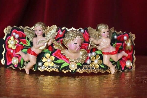 SOLD! 4549 Total Baroque Hand Painted Cherubs Rose Appliques Embellished Waist Belt - Image 2
