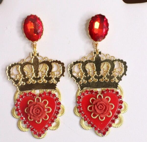 SOLD! 4570 Baroque Red Heart Rose Crown Studs Earrings - Image 2