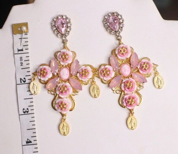 SOLD! 4580 Baroque Pink Crystal Roses Cross Studs Earrings - Image 2